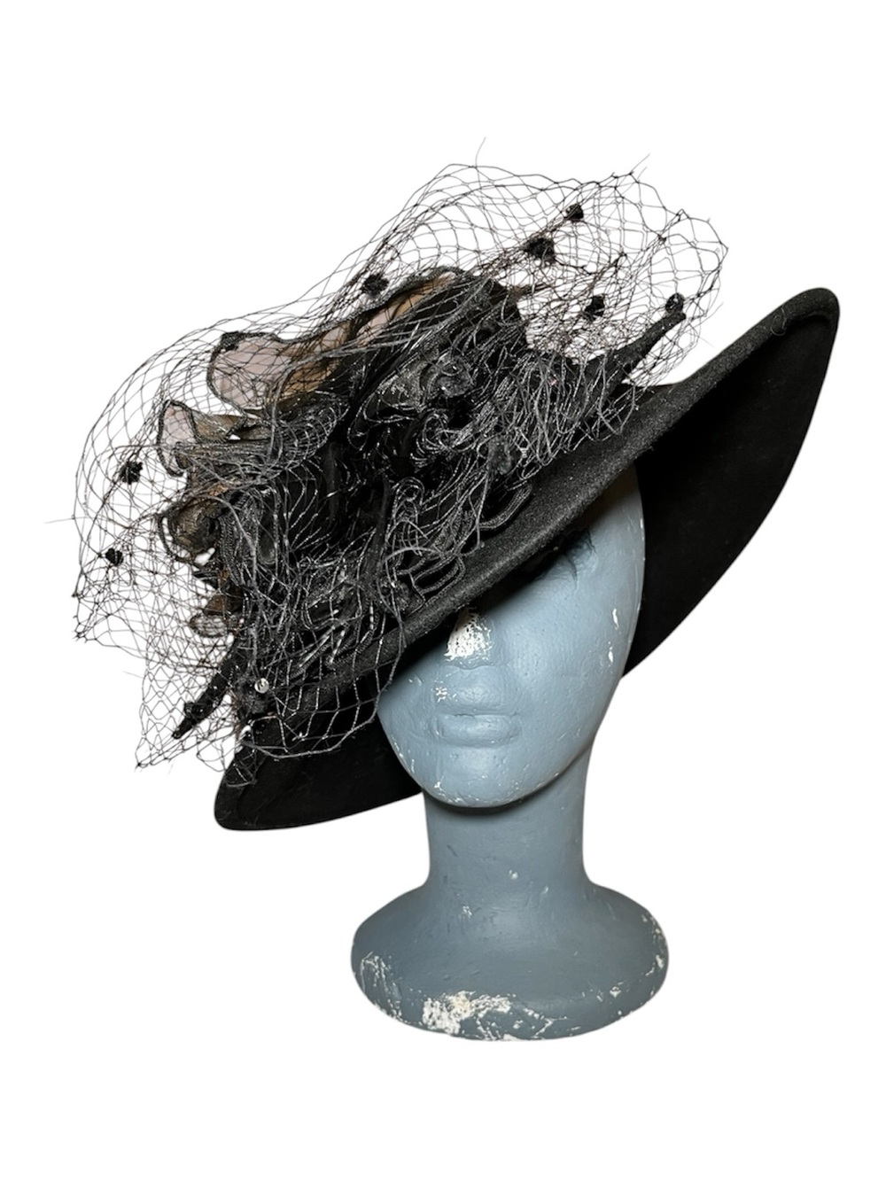 Something Special Vintage Wool Black Veil Brimmed Asymmetrical Crown Dress Hat